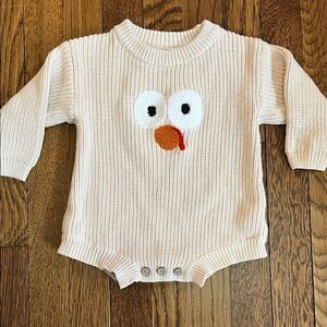 Cream Knit Baby Romper with Turkey Face Appliqué